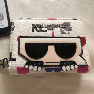 Karl Lagerfeld Maybelle SLG White Multi Peeking Karl On Front ZA Wallet NWT